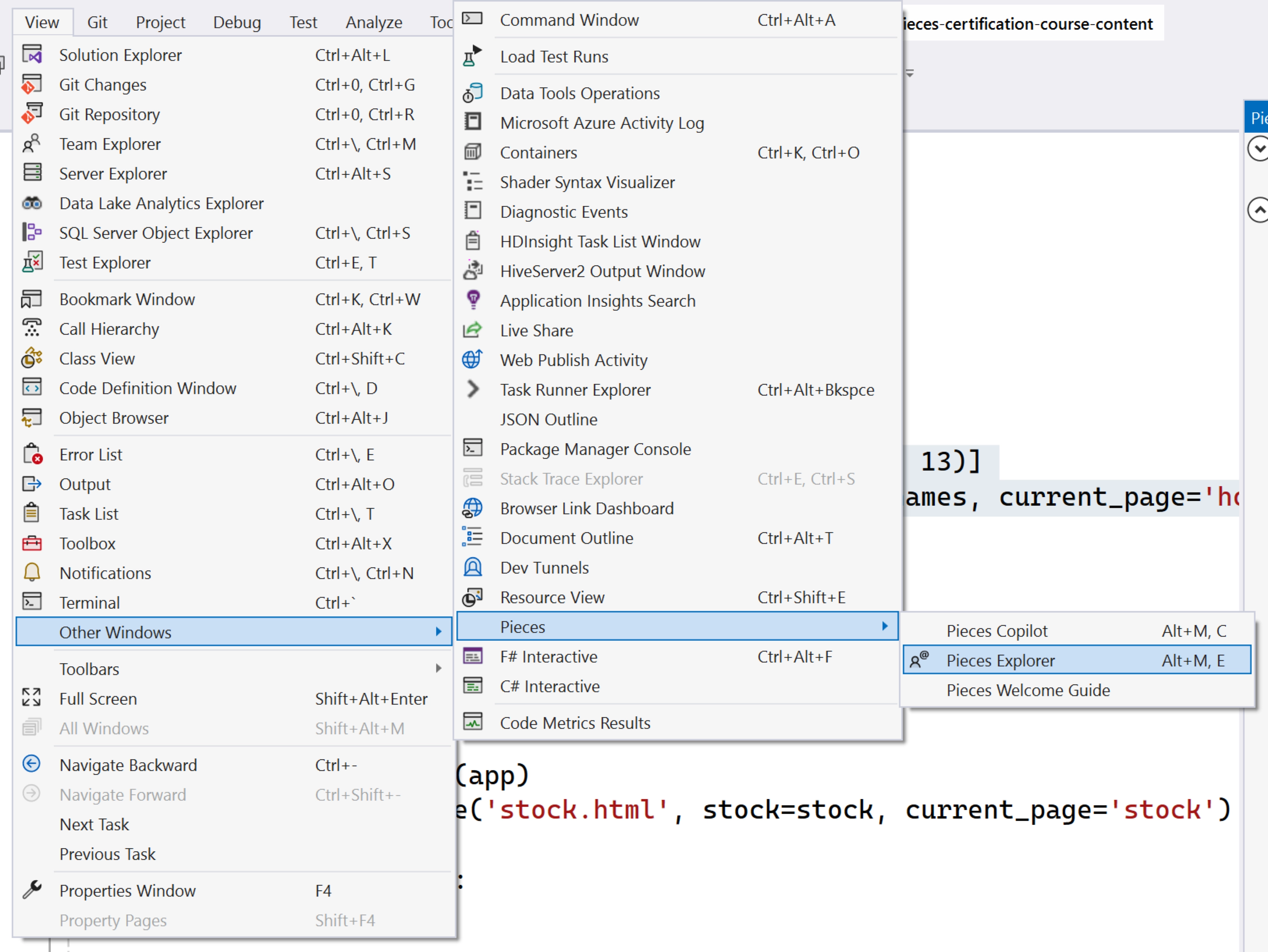 The Pieces Explorer menu option in the Visual Studio View Pieces menu